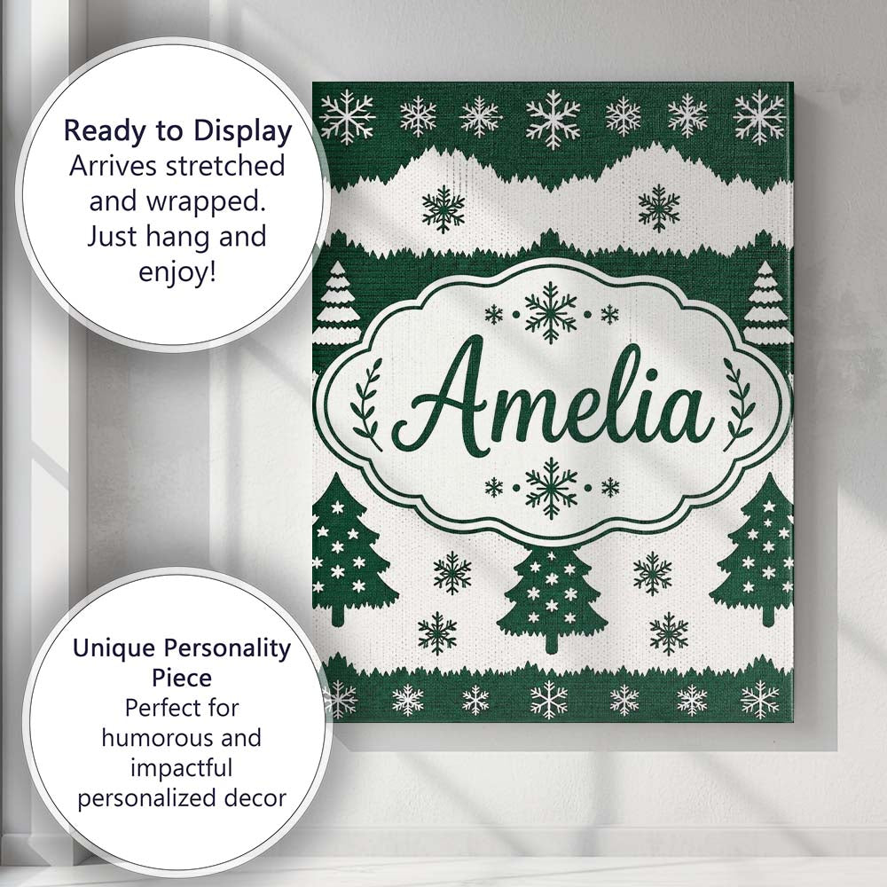Personalised Name Green White Snowflakes Custom Unique Gift Idea Elegant Feature Canvas Wall Art Print Decor Picture Ready to Hang