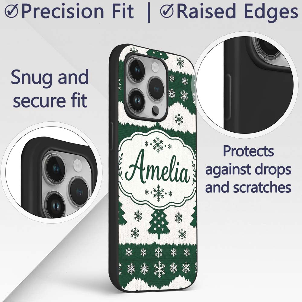 Green White Snowflakes Christmas Trees Winter Custom Name Protective Phone Case Mobile Cover Durable Everyday Smartphone Shock Resistant