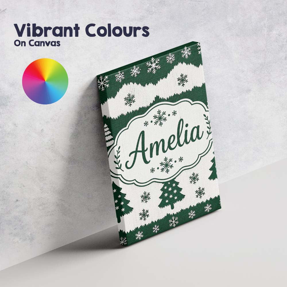 Personalised Name Green White Snowflakes Custom Unique Gift Idea Elegant Feature Canvas Wall Art Print Decor Picture Ready to Hang