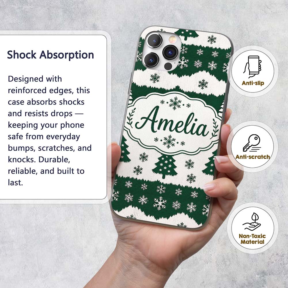 Green White Snowflakes Christmas Trees Winter Custom Name Protective Phone Case Mobile Cover Durable Everyday Smartphone Shock Resistant