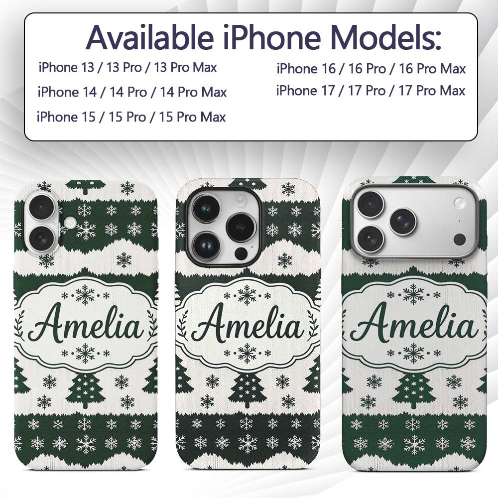 Green White Snowflakes Christmas Trees Winter Custom Name Protective Phone Case Mobile Cover Durable Everyday Smartphone Shock Resistant