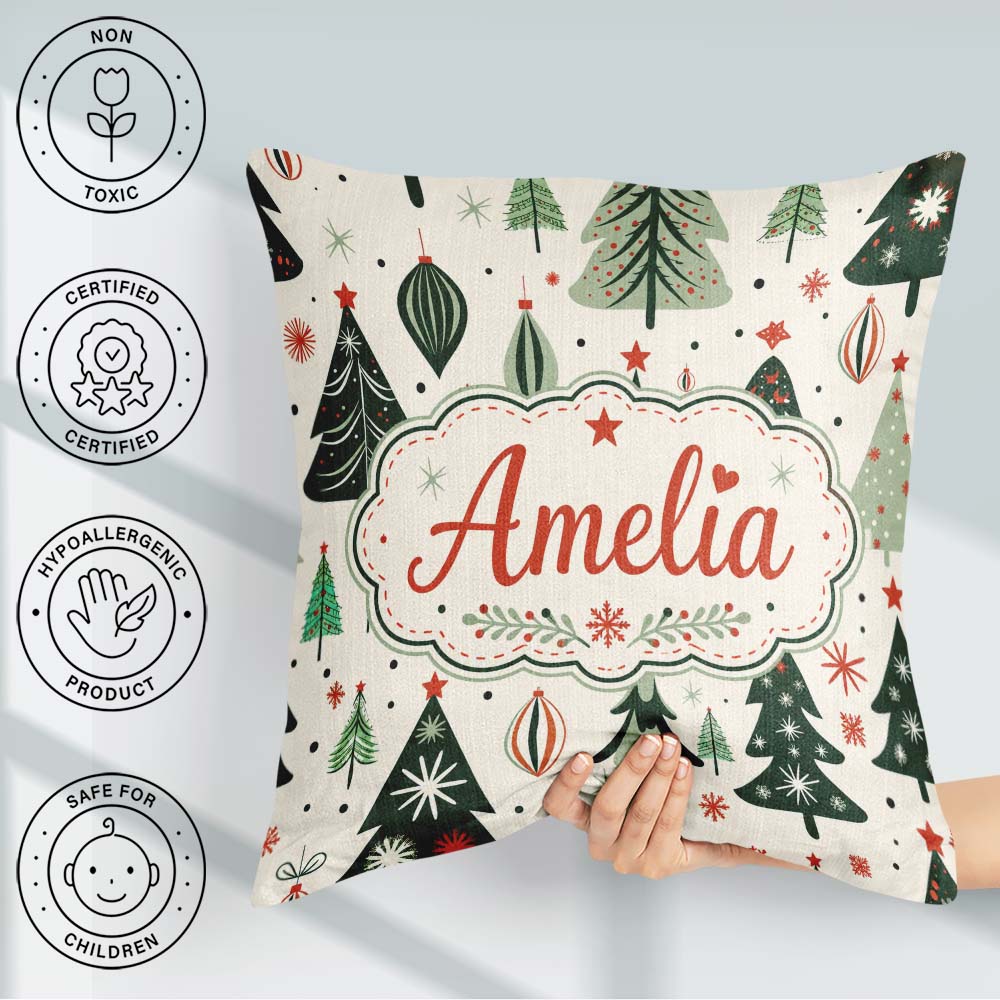 Custom Name Modern Christmas Ornaments Festive Seamless Pattern Square Filled Cushion Throw Pillow Sofa Bed Home Decor Zip Washable UK Made