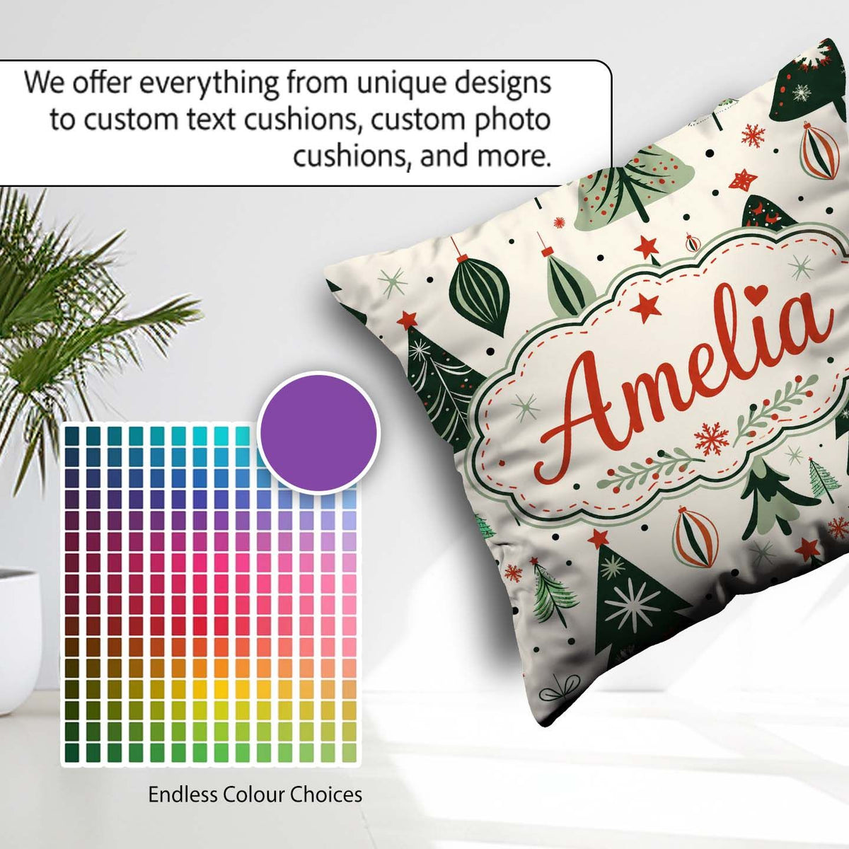 Custom Name Modern Christmas Ornaments Festive Seamless Pattern Square Filled Cushion Throw Pillow Sofa Bed Home Decor Zip Washable UK Made