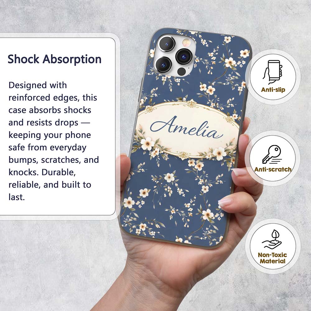 Elegant Navy Floral Vine Delicate Printed Design Custom Name Protective Phone Case Mobile Cover Durable Everyday Smartphone Shock Resistant
