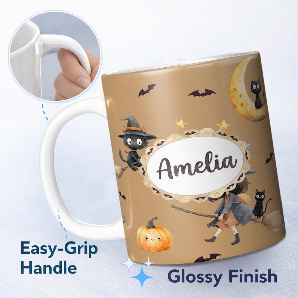 Personalized Custom Name Cute Halloween Witch Girl with Pumpkin Bats and Moon Warm Brown 11oz Ceramic Coffee Tea Mug White Large Handle