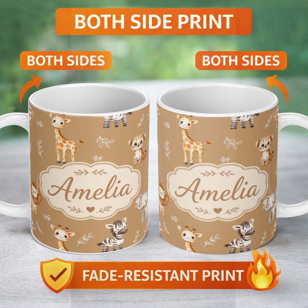 Personalized Custom Name Safari Animals with Elephant Lion Cub and Elephant on Warm Brown 11oz Ceramic Coffee Tea Mug White Large Handle