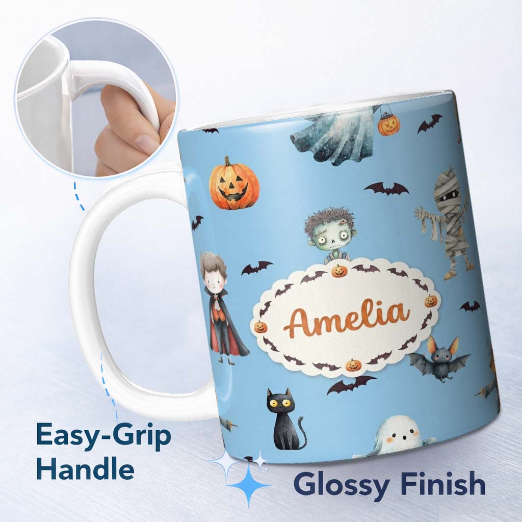 Personalized Custom Name Halloween Zombie Mummy Vampire and Bat Characters Bright Blue Lovely 11oz Ceramic Coffee Tea Mug White Large Handle