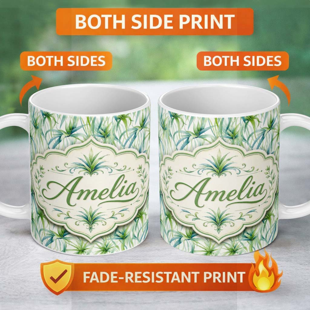 Personalized Custom Name Fresh Tropical Spider Plant Foliage Seamless Pattern Design Lovely 11oz Ceramic Coffee Tea Mug White Large Handle