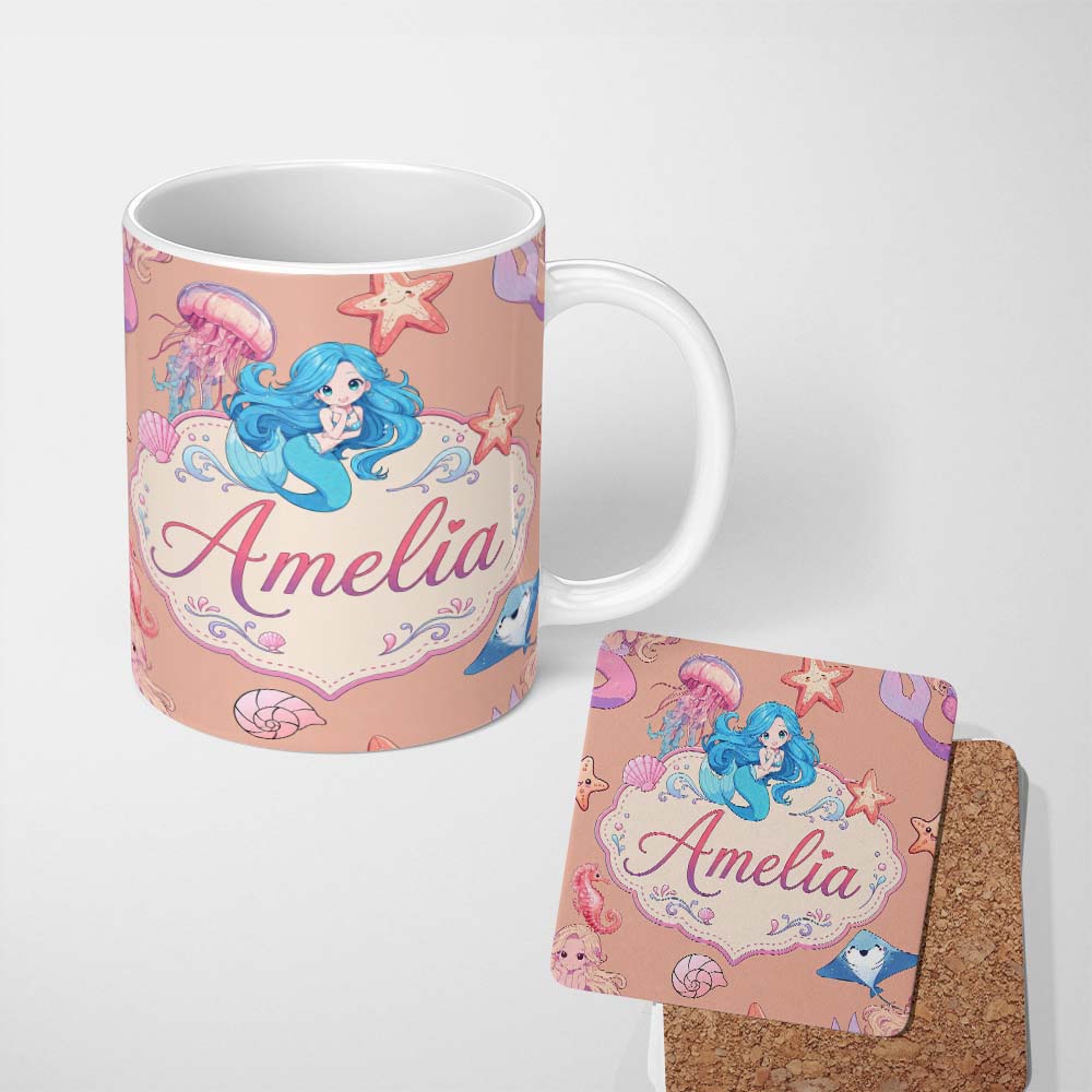 Personalized Custom Name Cute Kawaii Mermaid Ocean Friends Jellyfish Starfish Peach Lovely 11oz Ceramic Coffee Tea Mug White Large Handle