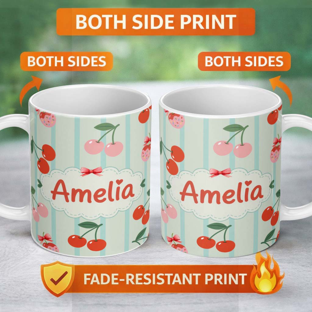 Personalized Custom Name Cherry Fruit Vertical Stripe Green Background Seamless Pattern 11oz Ceramic Coffee Tea Mug White Large Handle