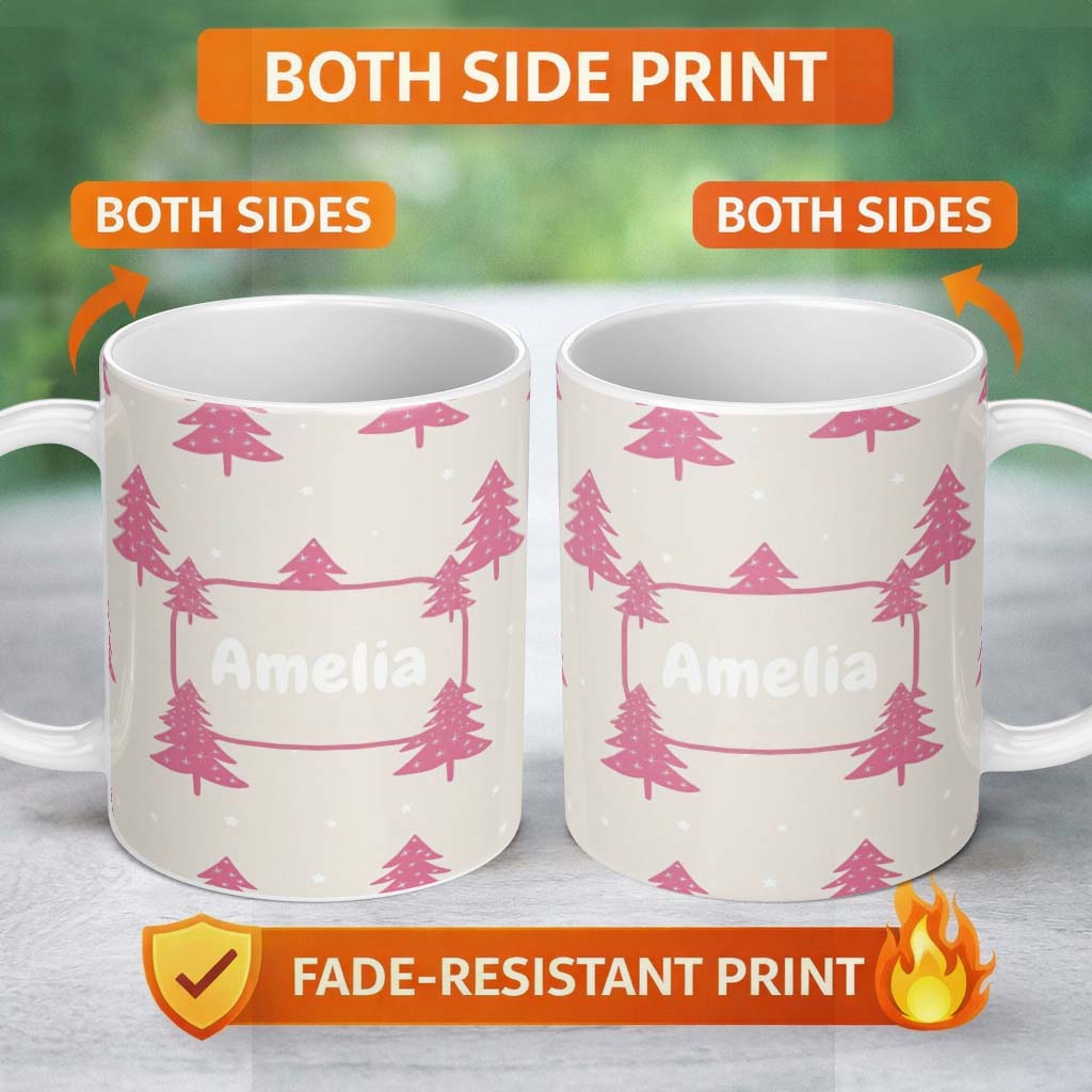 Personalized Custom Name Minimal Pink Christmas Trees Stars Winter Seamless Pattern Lovely 11oz Ceramic Coffee Tea Mug White Large Handle