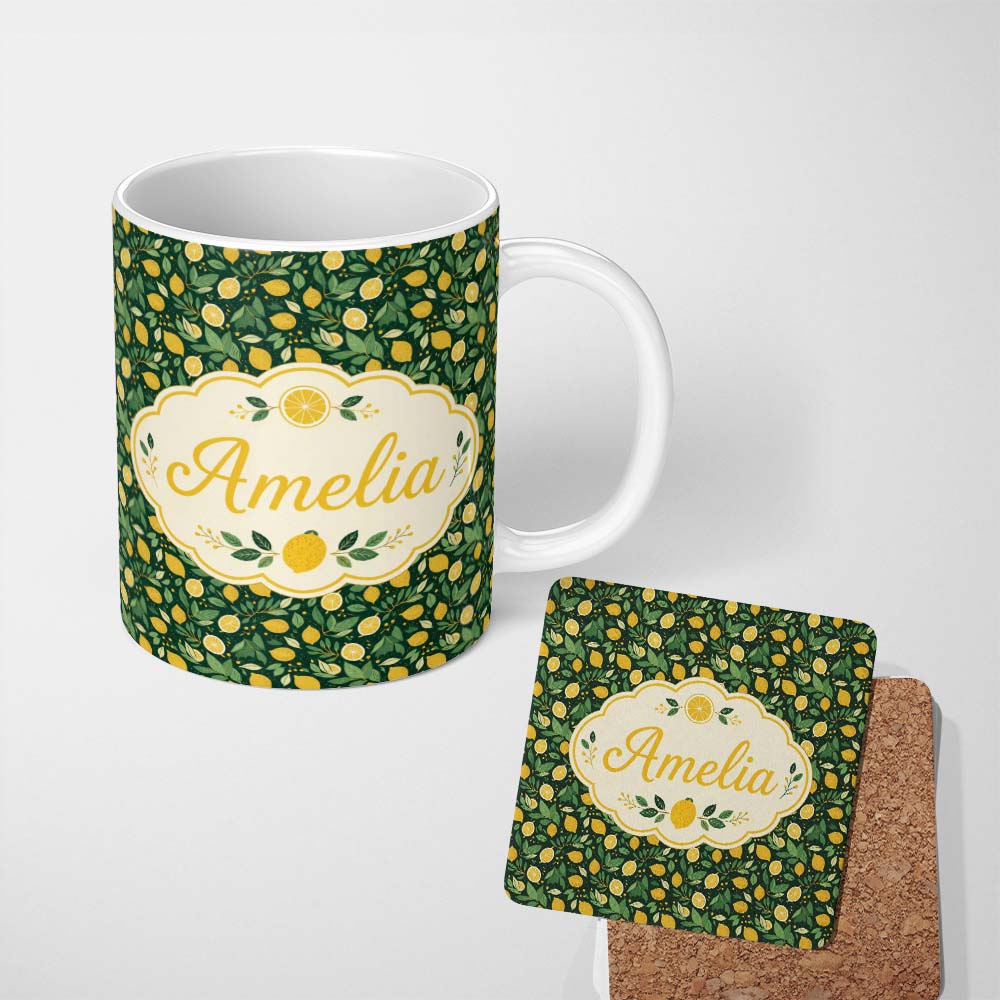 Personalized Custom Name Decorative Lemon and Citrus Slice Deep Green Background Design 11oz Ceramic Coffee Tea Mug White Large Handle