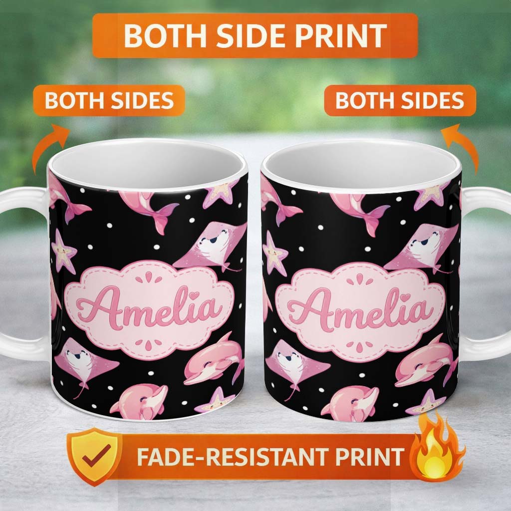 Personalized Custom Name Cute Pink Dolphins and Starfish Seamless Ocean Pattern Light Grey 11oz Ceramic Coffee Tea Mug White Large Handle