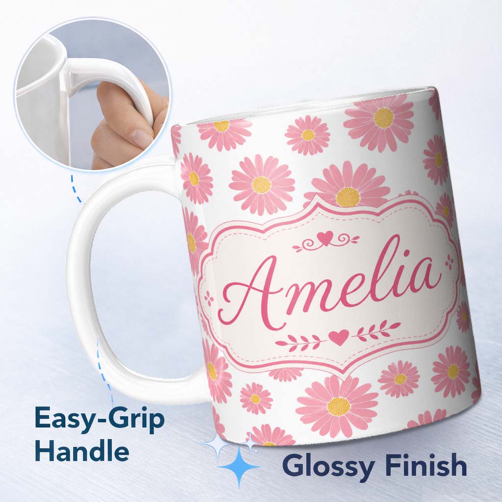 Personalized Custom Name Pink Daisy Floral Pattern with Yellow Centers on Grey Background 11oz Ceramic Coffee Tea Mug White Large Handle