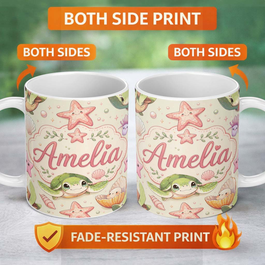 Personalized Custom Name Cute Sea Turtle Starfish Shell Kawaii Ocean Seamless Pattern Beige 11oz Ceramic Coffee Tea Mug White Large Handle