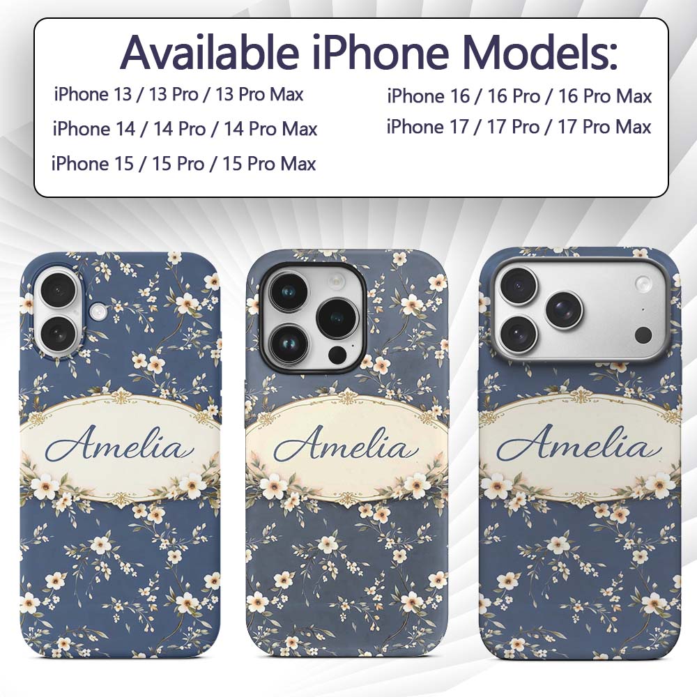 Elegant Navy Floral Vine Delicate Printed Design Custom Name Protective Phone Case Mobile Cover Durable Everyday Smartphone Shock Resistant