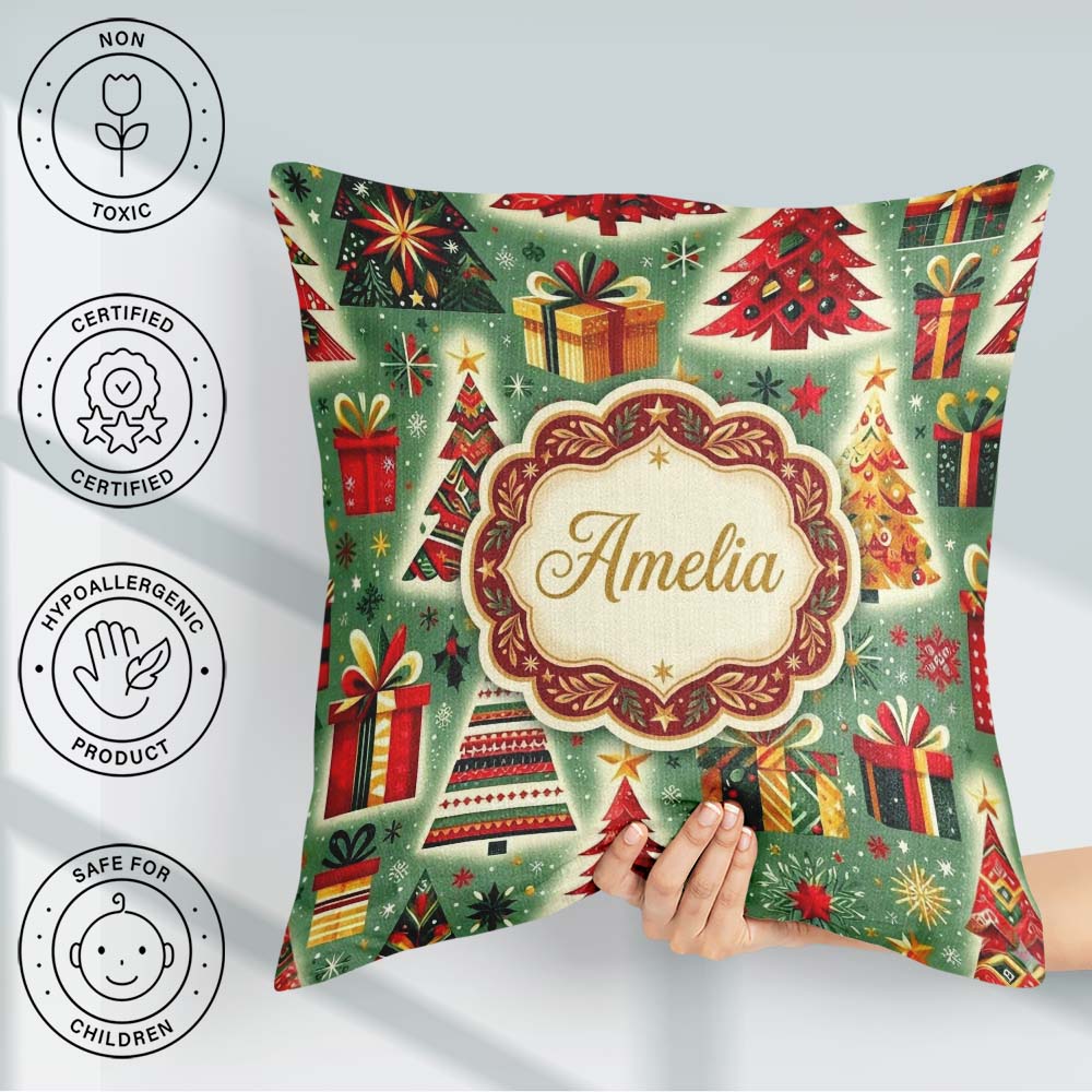 Custom Name Colorful Christmas Trees Snowflakes Festive Seamless Square Filled Cushion Throw Pillow Sofa Bed Home Decor Zip Washable UK Made