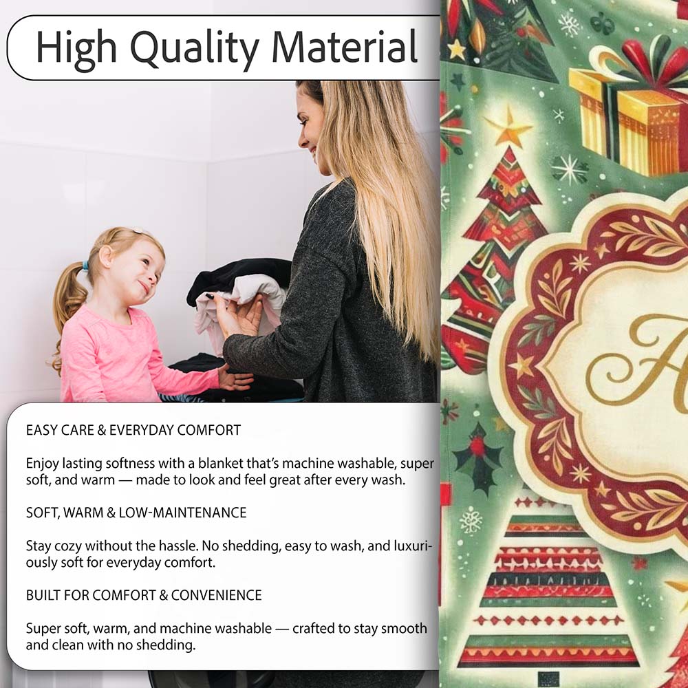 Colorful Christmas Trees Gifts Snowflakes Festive Seamless Pattern Personalised Custom Name Super Soft Fleece Blanket Bed Sofa Throw