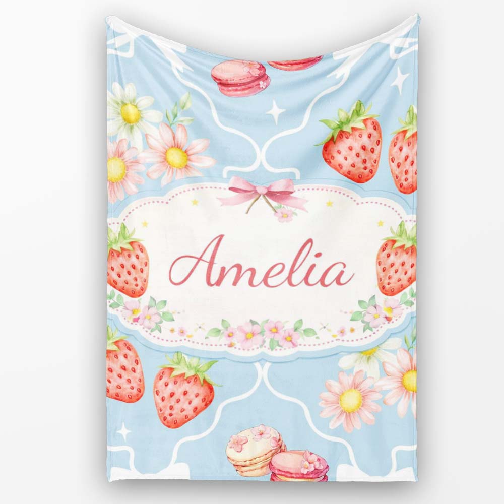 Strawberry Cherry Daisy Seamless Pattern Blue Cute Coquette Floral Personalised Custom Name Super Soft Fleece Blanket Bed Sofa Throw