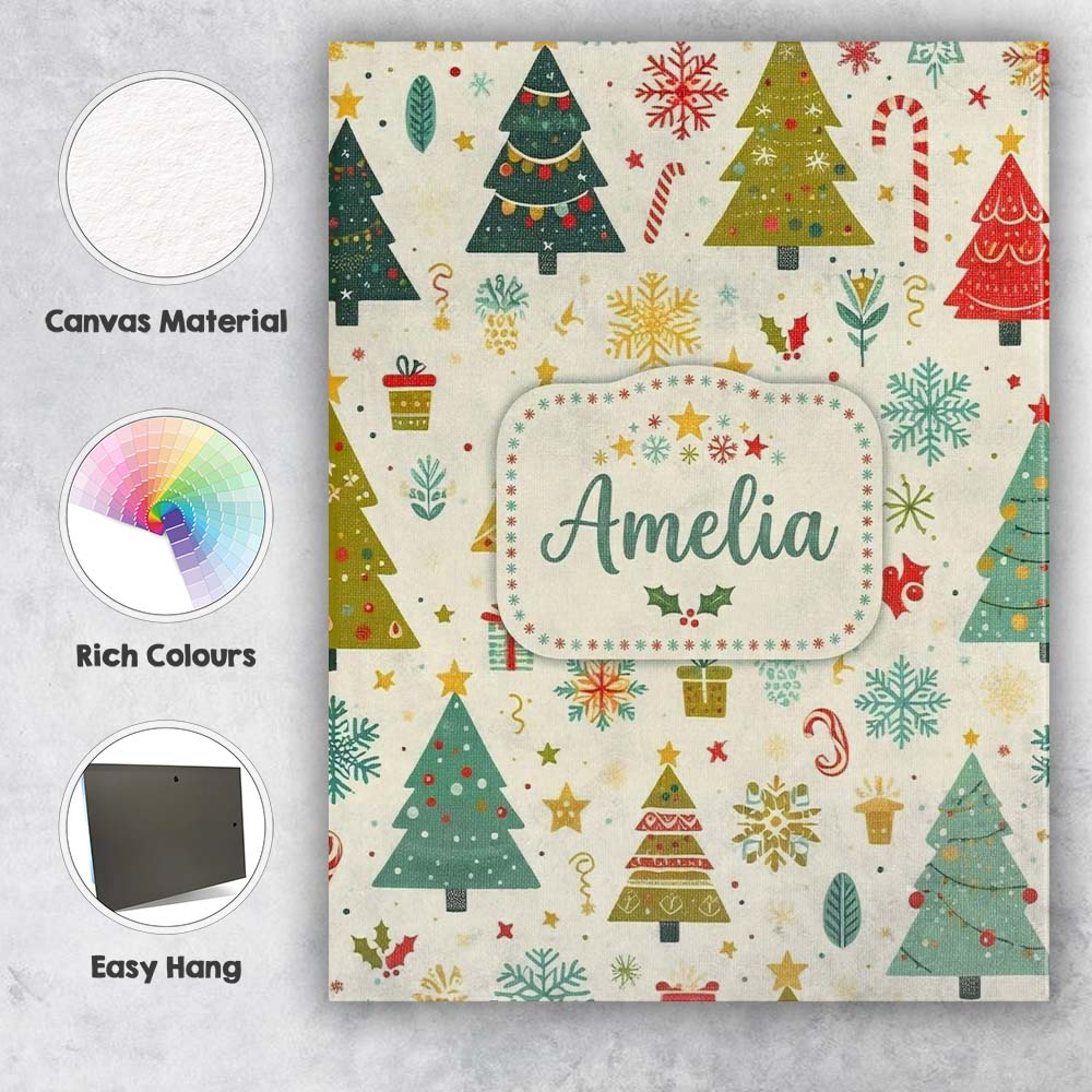 Personalised Name Cute Christmas Trees Custom Modern Room Accent Elegant Feature Canvas Wall Art Print Decor Picture Ready to Hang