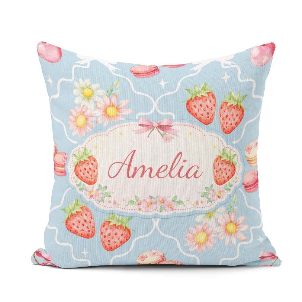 Custom Name Strawberry Cherry Daisy Seamless Pattern Blue Floral Square Filled Cushion Throw Pillow Sofa Bed Home Decor Zip Washable UK Made
