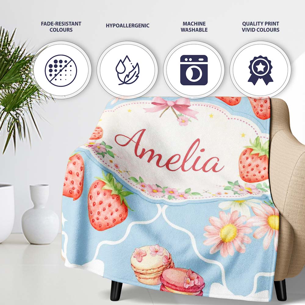Strawberry Cherry Daisy Seamless Pattern Blue Cute Coquette Floral Personalised Custom Name Super Soft Fleece Blanket Bed Sofa Throw