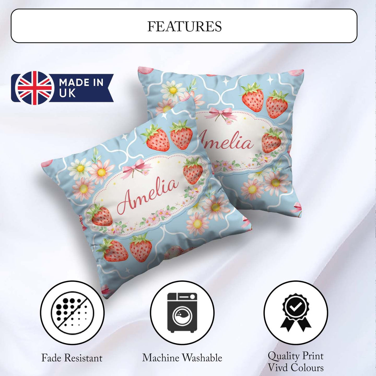 Custom Name Strawberry Cherry Daisy Seamless Pattern Blue Floral Square Filled Cushion Throw Pillow Sofa Bed Home Decor Zip Washable UK Made