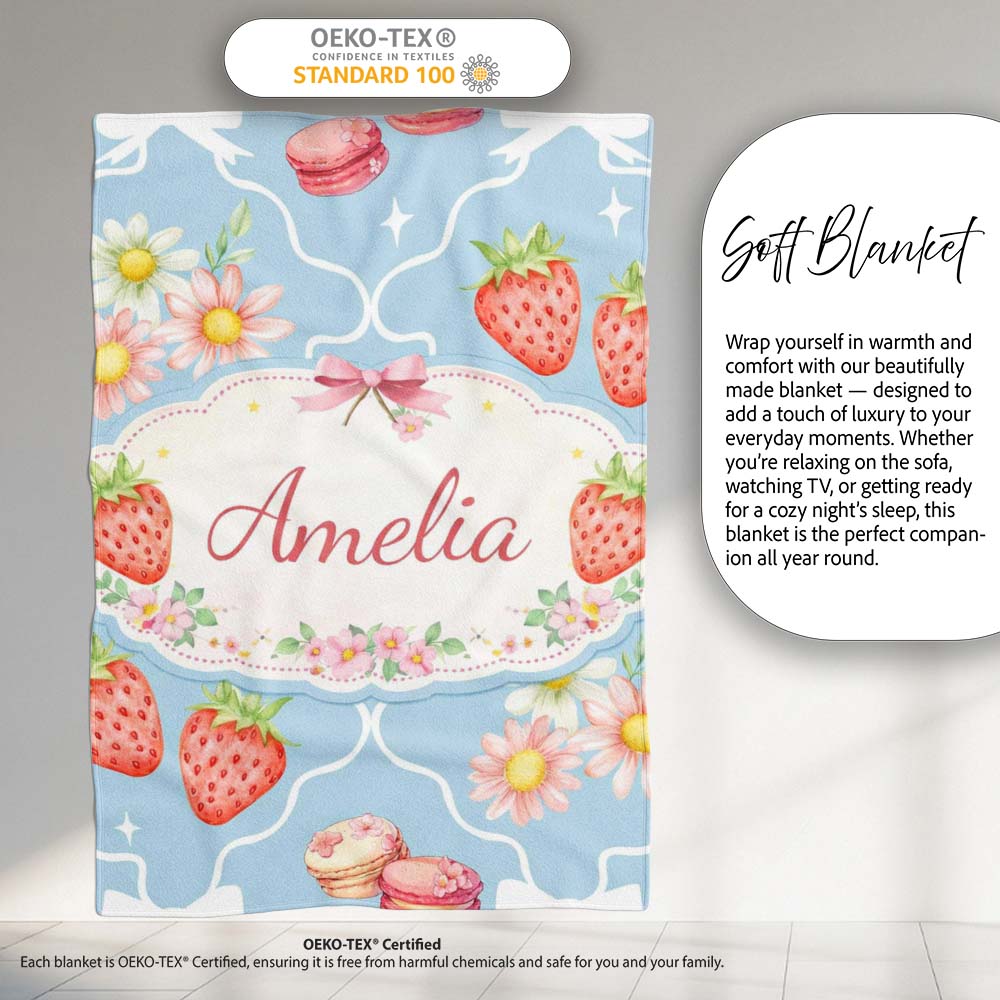 Strawberry Cherry Daisy Seamless Pattern Blue Cute Coquette Floral Personalised Custom Name Super Soft Fleece Blanket Bed Sofa Throw
