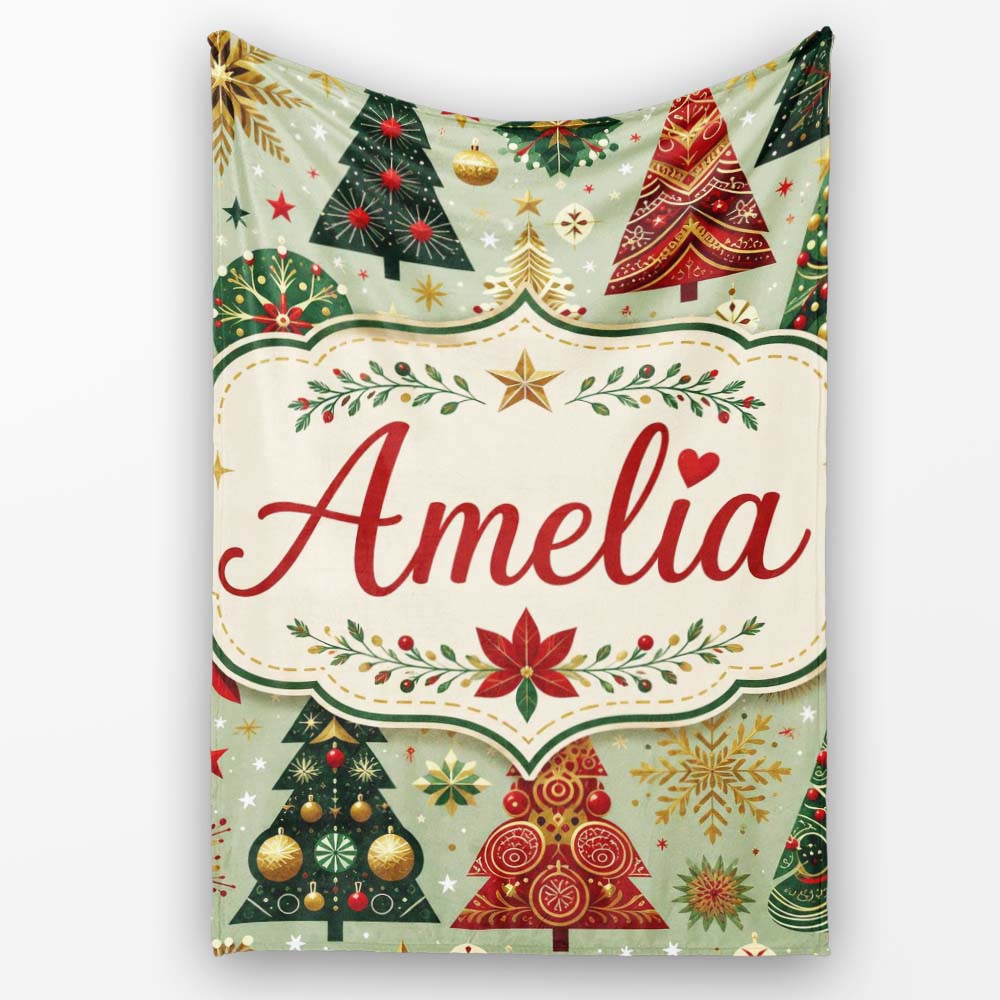 Luxury Christmas Trees Gold Red Snowflakes Festive Seamless Pattern Personalised Custom Name Super Soft Fleece Blanket Bed Sofa Throw