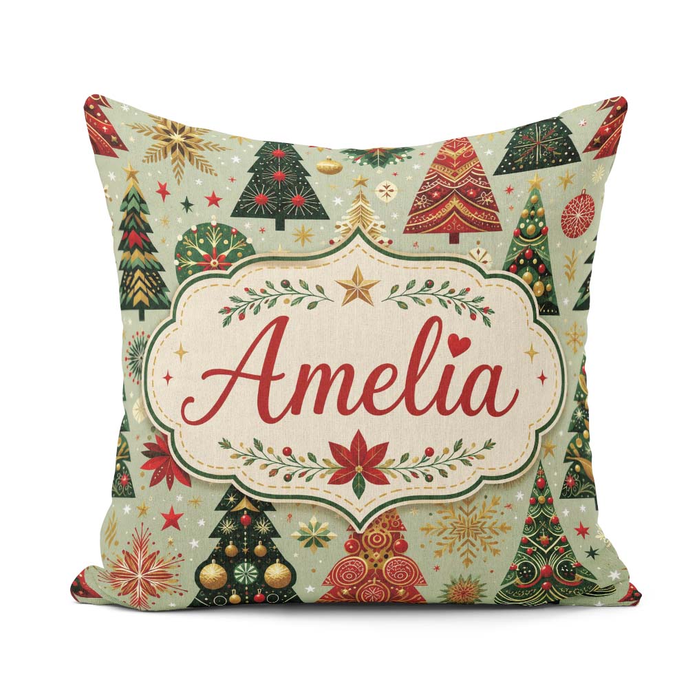 Custom Name Christmas Trees Gold Red Snowflakes Festive Seamless Square Filled Cushion Throw Pillow Sofa Bed Home Decor Zip Washable UK Made