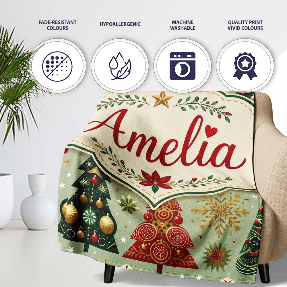 Luxury Christmas Trees Gold Red Snowflakes Festive Seamless Pattern Personalised Custom Name Super Soft Fleece Blanket Bed Sofa Throw