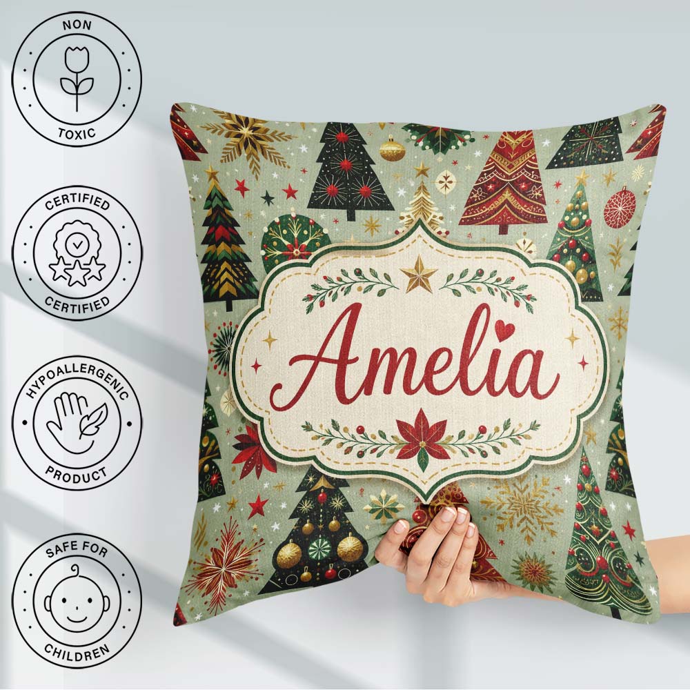 Custom Name Christmas Trees Gold Red Snowflakes Festive Seamless Square Filled Cushion Throw Pillow Sofa Bed Home Decor Zip Washable UK Made