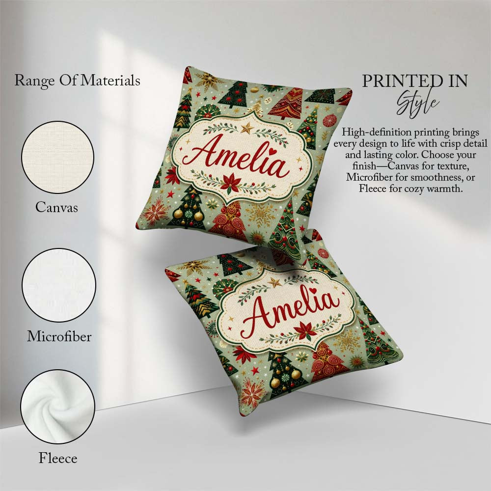 Custom Name Christmas Trees Gold Red Snowflakes Festive Seamless Square Filled Cushion Throw Pillow Sofa Bed Home Decor Zip Washable UK Made