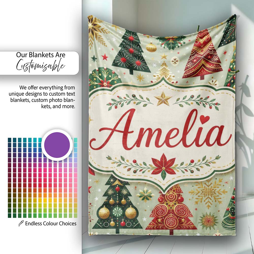 Luxury Christmas Trees Gold Red Snowflakes Festive Seamless Pattern Personalised Custom Name Super Soft Fleece Blanket Bed Sofa Throw