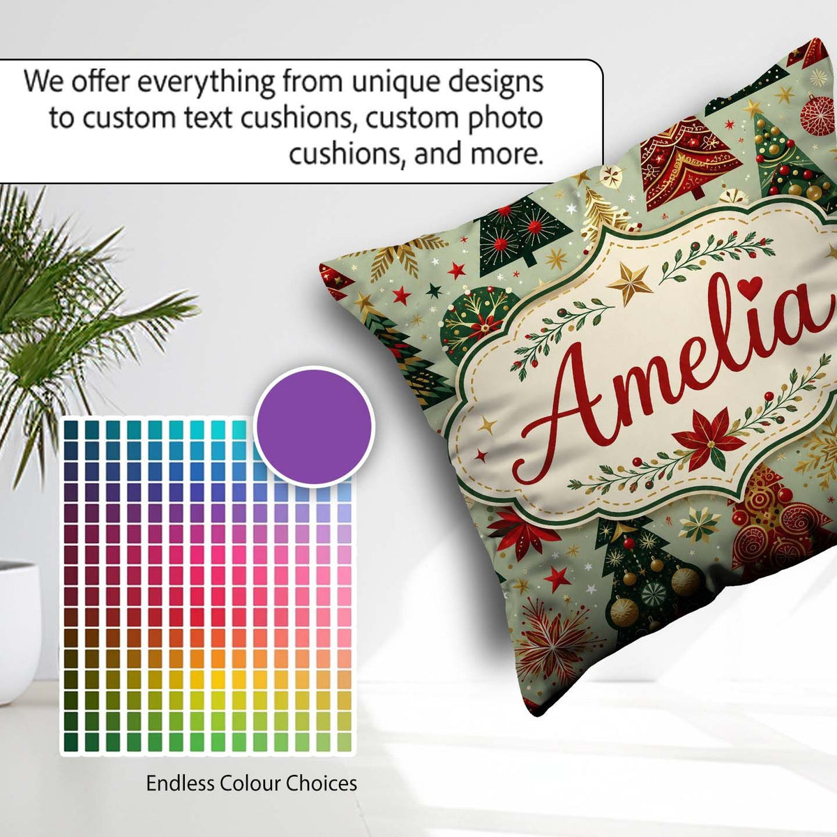 Custom Name Christmas Trees Gold Red Snowflakes Festive Seamless Square Filled Cushion Throw Pillow Sofa Bed Home Decor Zip Washable UK Made