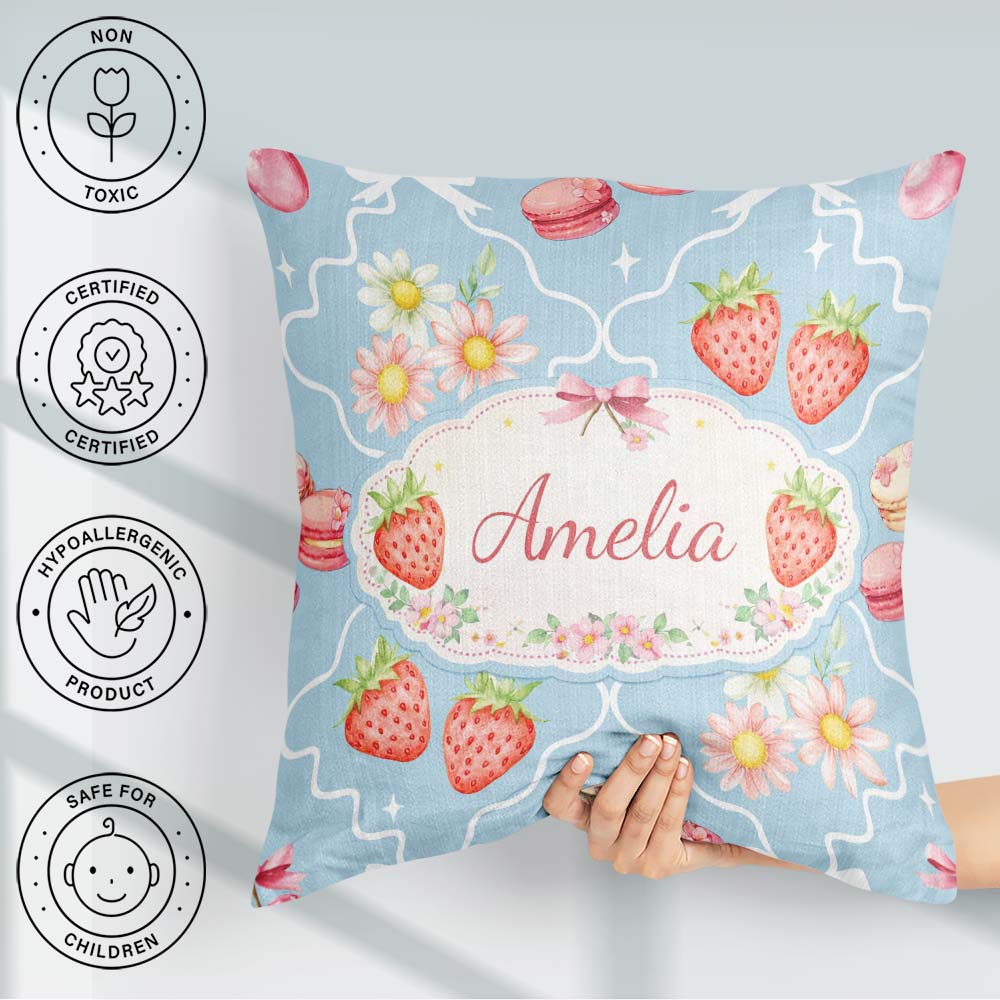Custom Name Strawberry Cherry Daisy Seamless Pattern Blue Floral Square Filled Cushion Throw Pillow Sofa Bed Home Decor Zip Washable UK Made