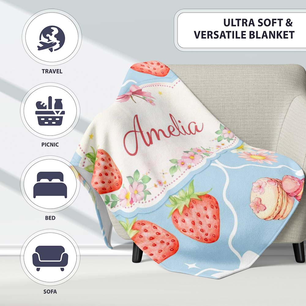 Strawberry Cherry Daisy Seamless Pattern Blue Cute Coquette Floral Personalised Custom Name Super Soft Fleece Blanket Bed Sofa Throw