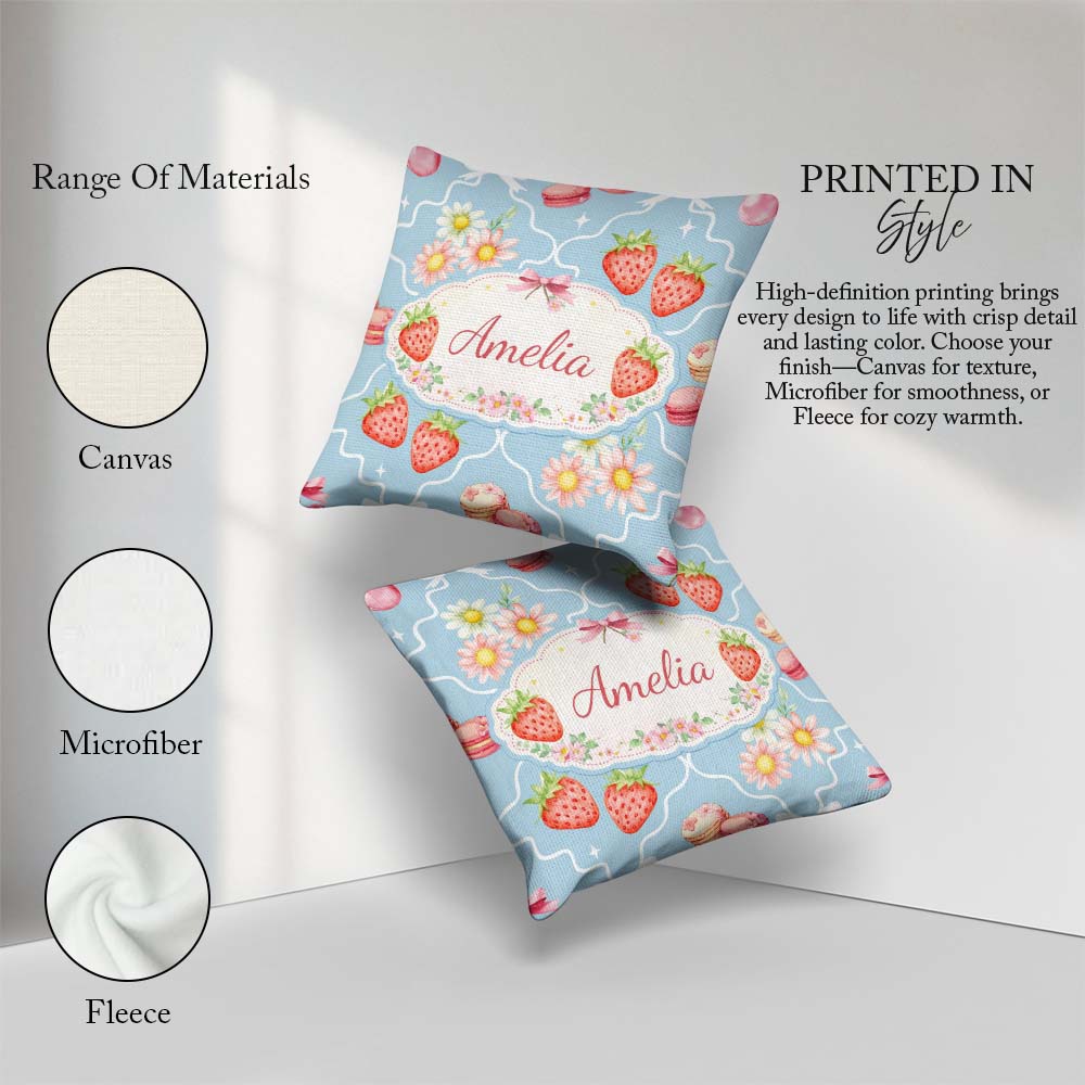 Custom Name Strawberry Cherry Daisy Seamless Pattern Blue Floral Square Filled Cushion Throw Pillow Sofa Bed Home Decor Zip Washable UK Made