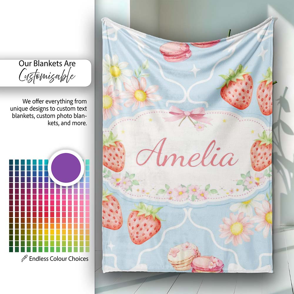 Strawberry Cherry Daisy Seamless Pattern Blue Cute Coquette Floral Personalised Custom Name Super Soft Fleece Blanket Bed Sofa Throw