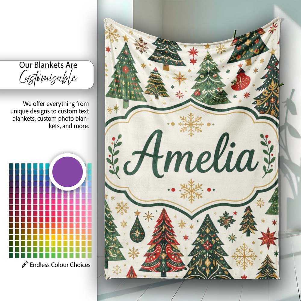 Decorative Christmas Tree Motifs with Snowflakes and Starbursts Personalised Custom Name Super Soft Fleece Blanket Bed Sofa Throw