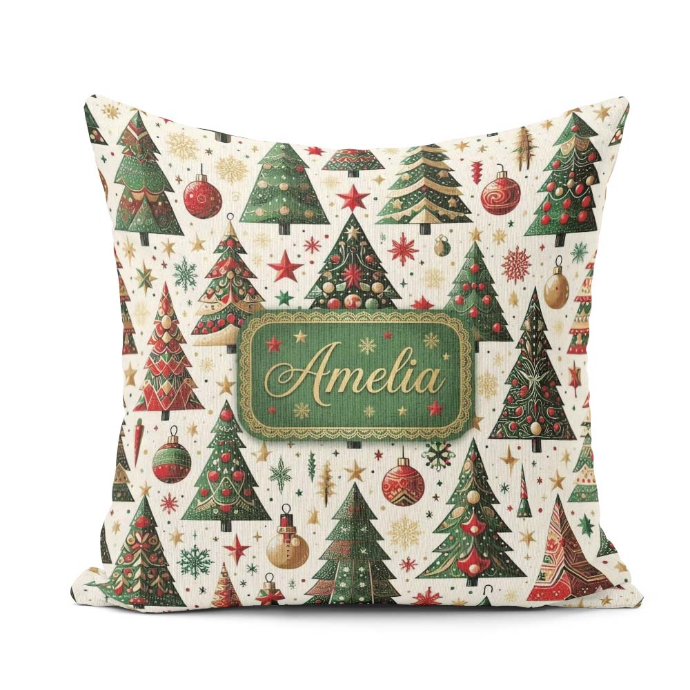 Custom Name Classic Christmas Tree Ornaments and Festive Pattern Square Filled Cushion Throw Pillow Sofa Bed Home Decor Zip Washable UK Made
