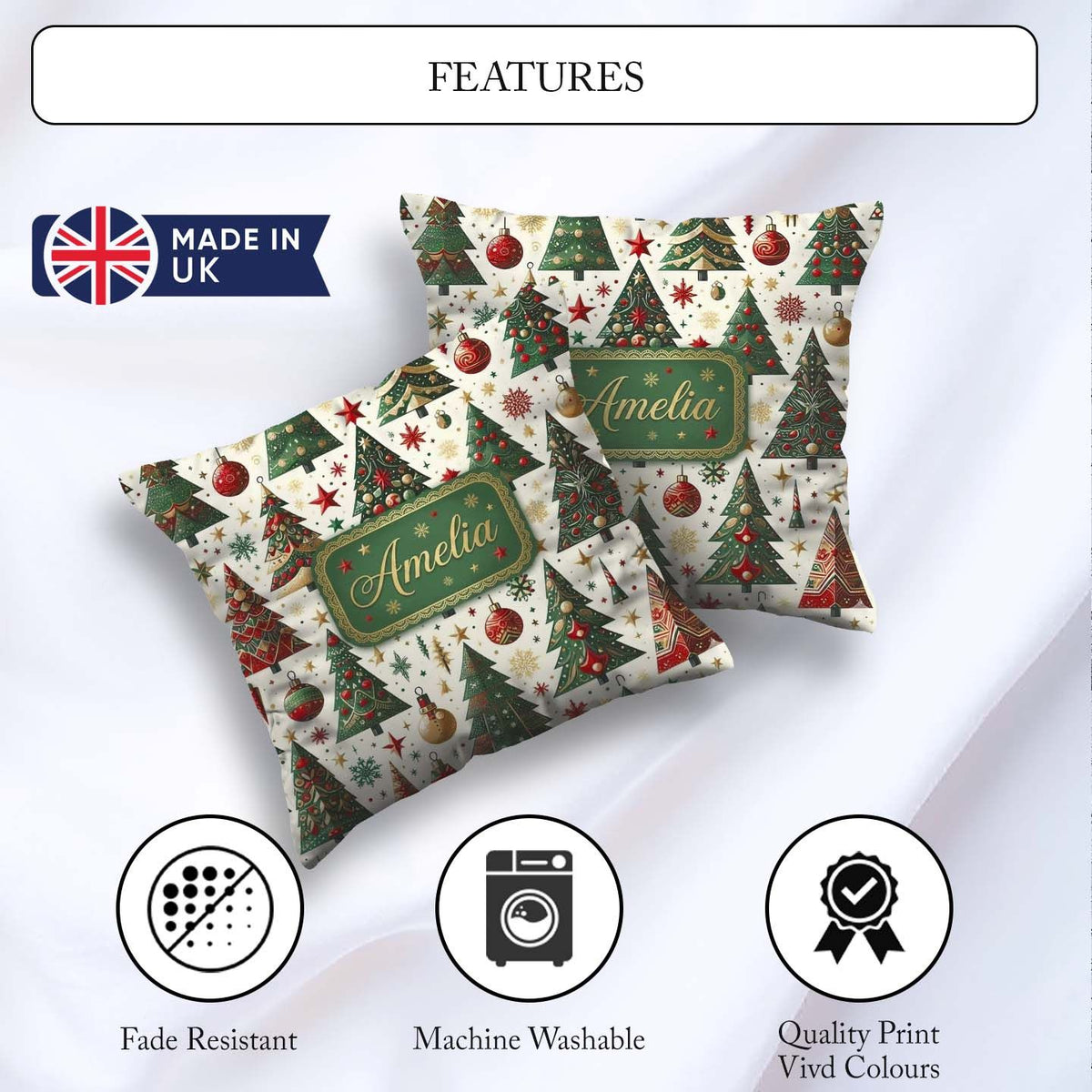 Custom Name Classic Christmas Tree Ornaments and Festive Pattern Square Filled Cushion Throw Pillow Sofa Bed Home Decor Zip Washable UK Made