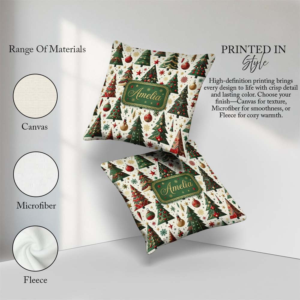 Custom Name Classic Christmas Tree Ornaments and Festive Pattern Square Filled Cushion Throw Pillow Sofa Bed Home Decor Zip Washable UK Made