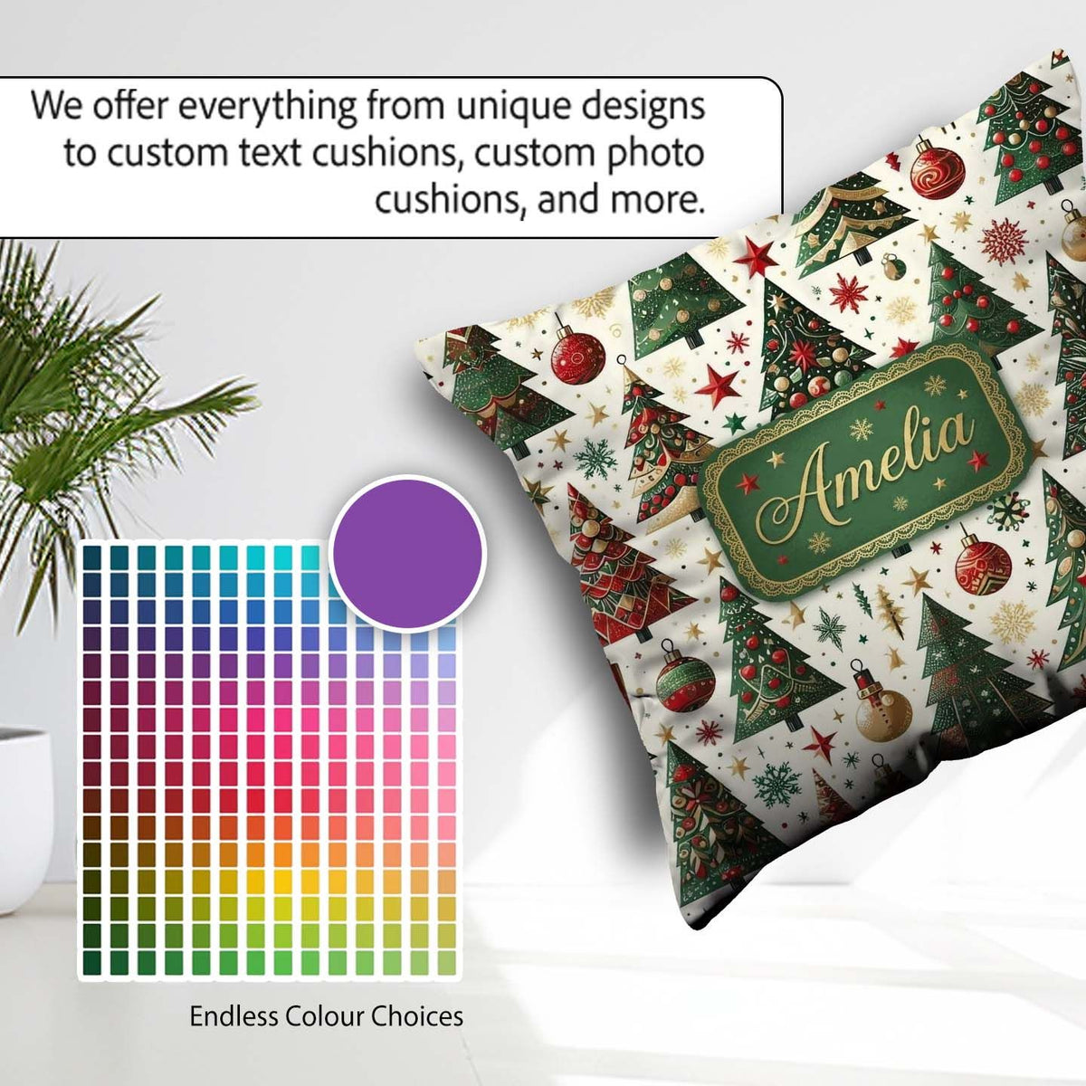 Custom Name Classic Christmas Tree Ornaments and Festive Pattern Square Filled Cushion Throw Pillow Sofa Bed Home Decor Zip Washable UK Made