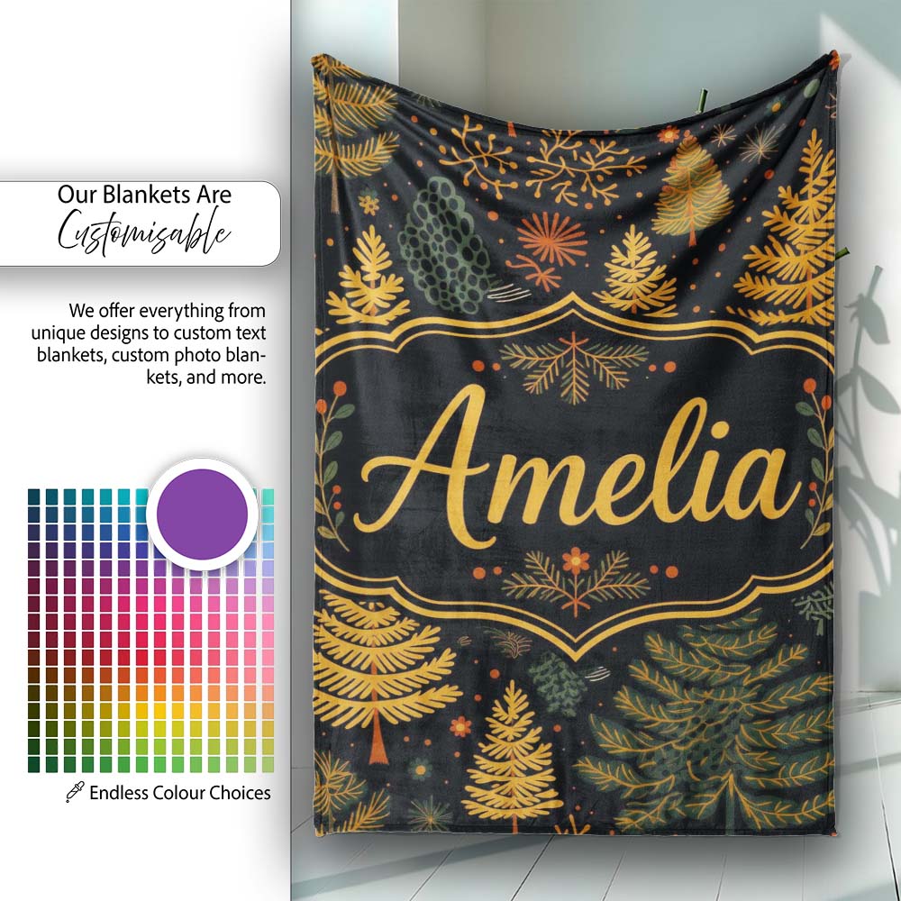Modern Scandinavian Winter Trees in Gold and Dark Background Lovely Personalised Custom Name Super Soft Fleece Blanket Bed Sofa Throw