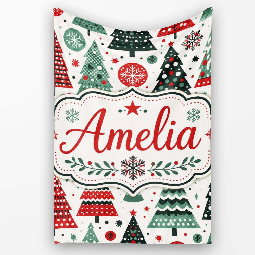 Minimal Christmas Trees and Snowflake Shapes in Red Green Style Personalised Custom Name Super Soft Fleece Blanket Bed Sofa Throw