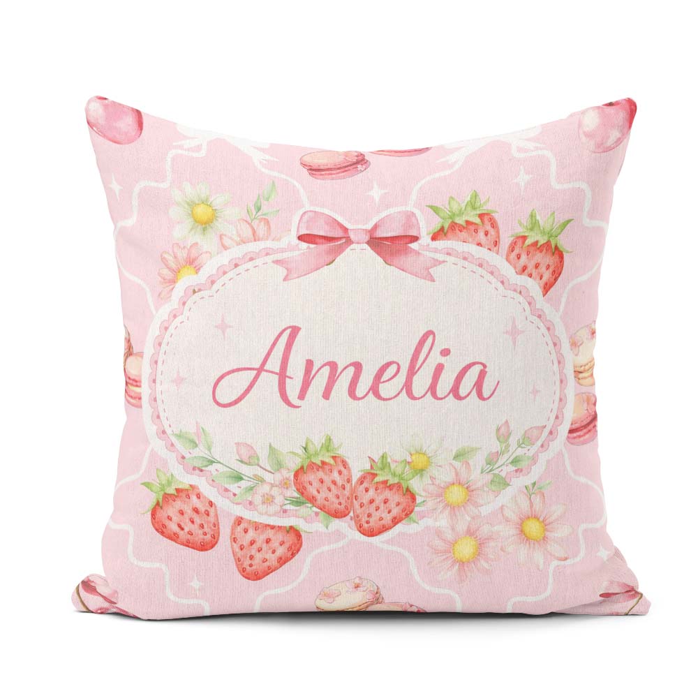 Custom Name Strawberry Cherry Daisy Seamless Blush Pink Coquette Square Filled Cushion Throw Pillow Sofa Bed Home Decor Zip Washable UK Made