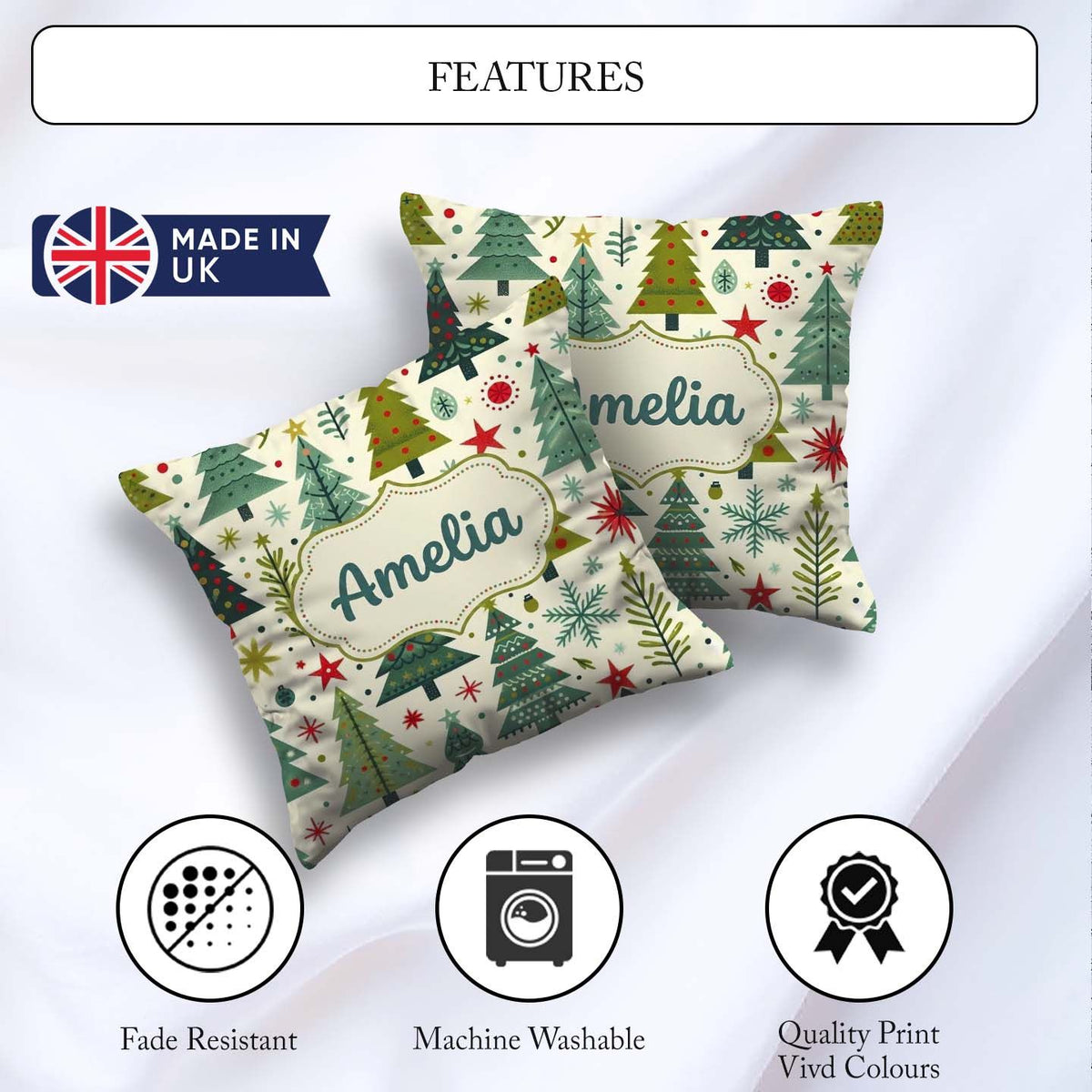Custom Name Scandinavian Trees with Stars Snowflakes and Festive Square Filled Cushion Throw Pillow Sofa Bed Home Decor Zip Washable UK Made