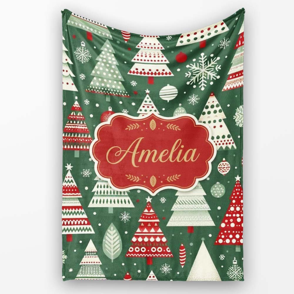 Nordic Holiday Trees with Ornaments Snowflakes and Red Green Decor Personalised Custom Name Super Soft Fleece Blanket Bed Sofa Throw