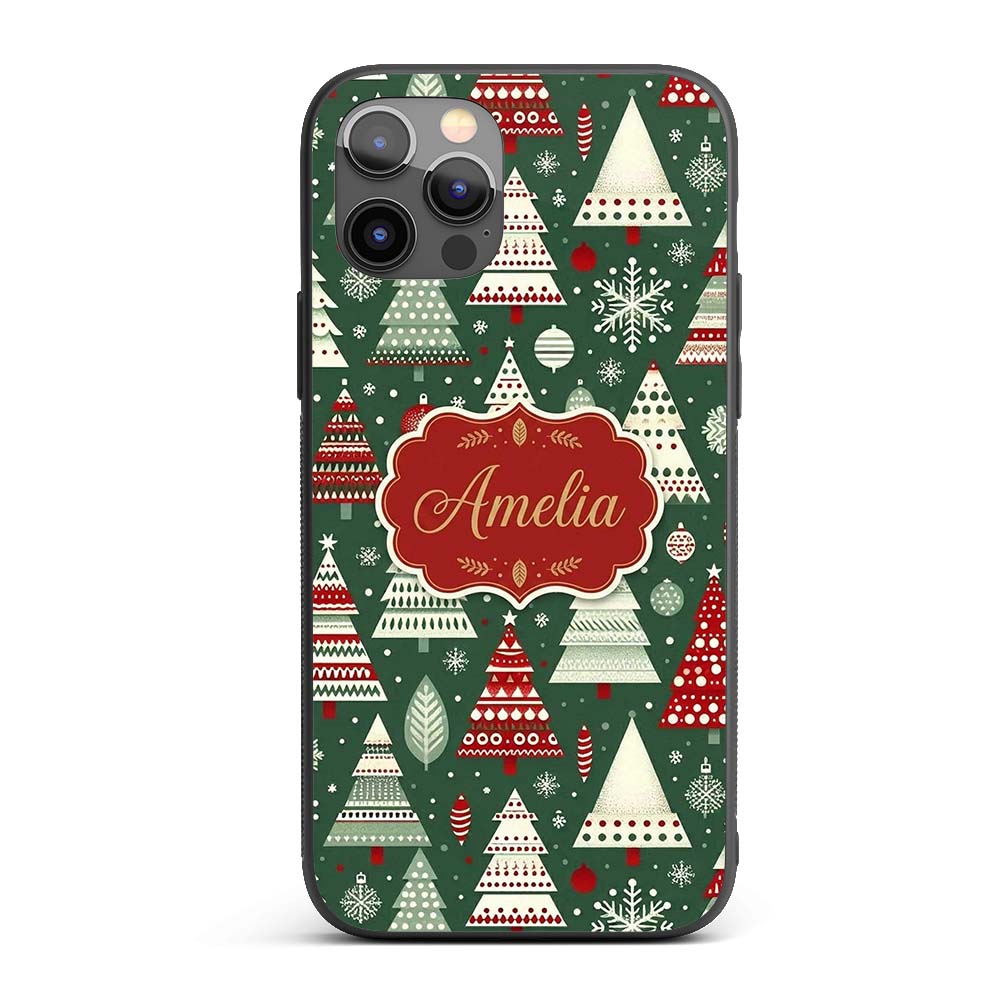 Nordic Holiday Trees with Ornaments Snowflakes Custom Name Protective Phone Case Mobile Cover Durable Everyday Smartphone Shock Resistant